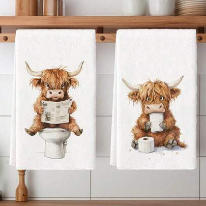 2pcs Highland Cow Bathroom Hand Towels, Polyester Hand Towels With Rustic Farmhouse Cows Pattern, Super Soft Woven Dishcloths, Machine Washable, Ideal For Holiday Gifts & Home Decor.