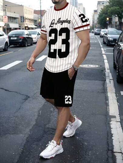 Bộ quần áo nam ngắn tay kẻ sọc đỏ trắng in hình "Los Angeles 23", quần short thể thao thường ngày, phụ kiện thời trang đường phố không thể thiếu cho mùa hè.