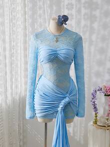 Women's Spring/Summer New Sheer Lace Long Sleeve Dress, Twist Bandeau Pleated Bodycon Skirt, Sexy Party Club Mini Dress - Baby Blue - View 2