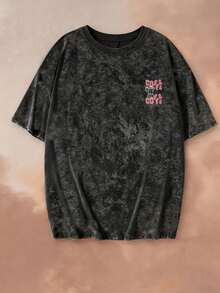 Áo thun ngắn tay cổ tròn nhuộm màu tie-dye đơn giản, họa tiết chữ cái, kiểu dáng mùa hè mới, thời trang và đa năng dành cho nữ. - màu đen - Xem 3