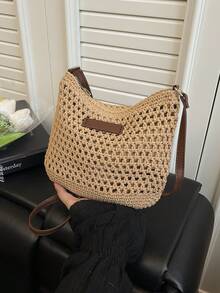 Women's Straw Shoulder Crossbody Bag, Summer Beach Bag - Khaki - View 7