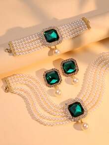 4pcs Set Luxurious Exaggerated Multi-Layer Faux Pearl, Rhinestone And Crystal Embedded Necklace, Earrings, Bracelet Jewelry Set, Suitable For Women's Wedding, Party, And Holiday Gifts - Multicolor - View 2