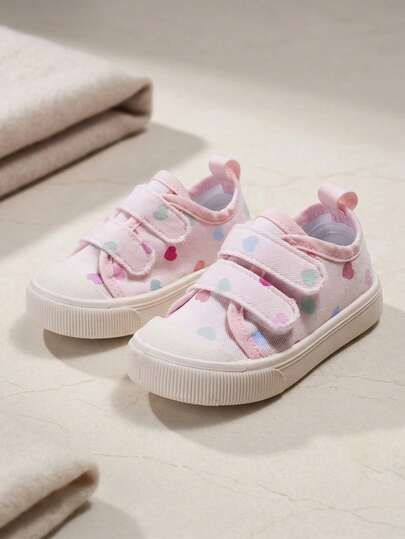 1 Pair Girls' Pink Heart Print Fashionable Cute Low-Top Comfortable Lightweight Casual Canvas Sneakers With , Soft Sole, Suitable For Daily Outings, Amusement Parks, Princess Style Casual Wear, Back To School Season (Pattern Random)