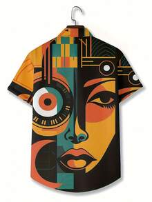 Abstract Geometric Face With Sun And Moon Motifs Symbolizing Balance Between Light And Darkness Short Sleeve 3D Print Casual Button Up Shirt For Men Stylish Summer Streetwear Top - trắng - Xem 2