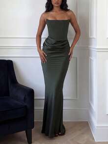 Solid Color Elegant Casual Backless Cocktail Dress, Graceful Party Formal Evening Gown, Suitable For Wedding Guest, Vacation, Date - Green - View 2