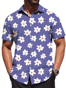 White Daisies With Orange Centers Symbolizing Joyful Energy And Summer Freedom Printed On Vibrant Blue Background 3D Floral Casual Short Sleeve Men's Shirt - 白色 - 查看 2