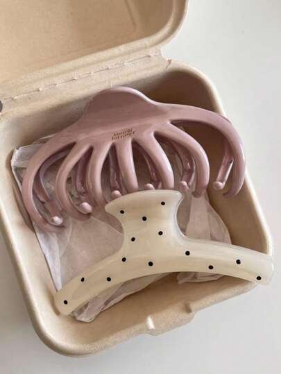 2个/1个 10.9厘米/4.29英寸 白色波点和粉色轻质塑料发夹，时尚百搭优雅简约纯色发爪，适合日常佩戴、休闲、派对、通勤、海滩、发髻、马尾辫、洗脸、化妆、服装配饰（单面字母标签）