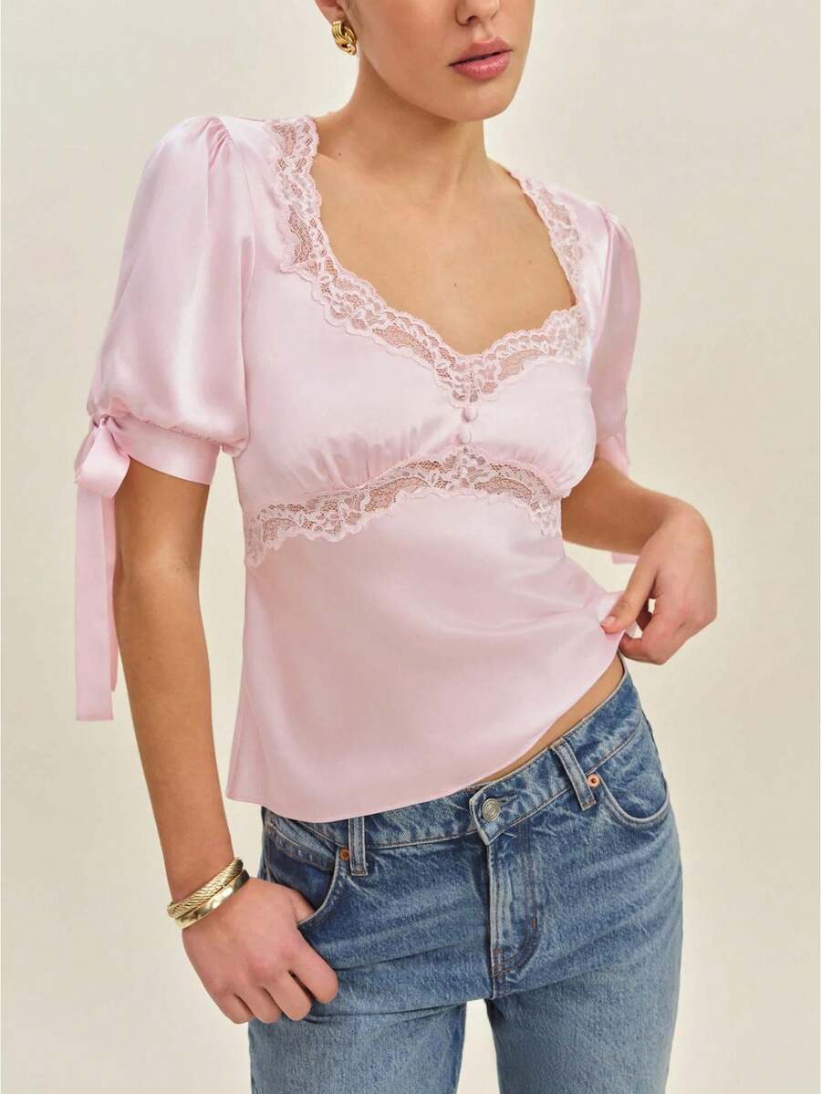 Womens Summer Satin Tops Lace Patchwork Short Puff Sleeves V-Neck Blouse With Adjustable Ribbon Ties - 粉色 - 查看 1