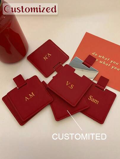 Espelho de maquiagem de mesa dobrável, compacto e charmoso, com iniciais douradas personalizadas, em couro sintético de cor sólida. Ideal para estudantes.