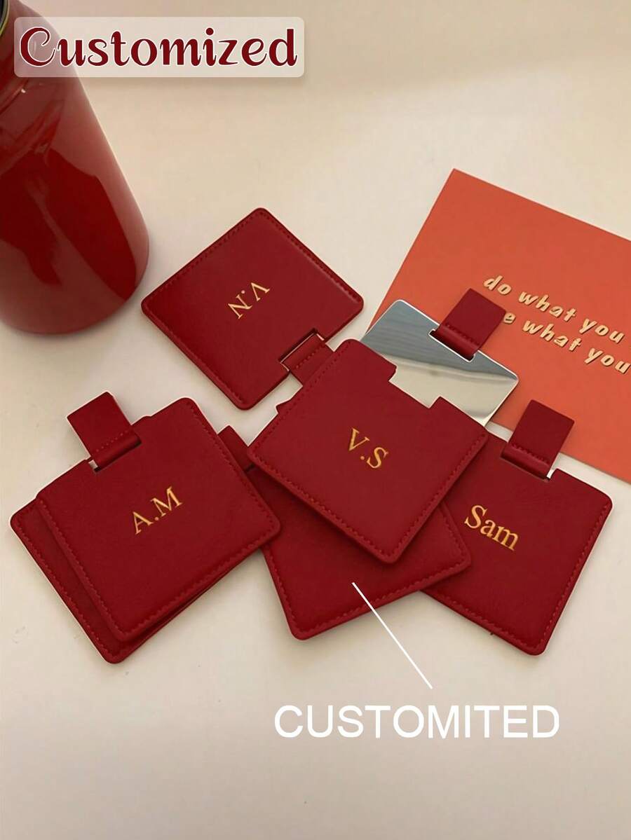 Personalized Custom Gold English Letter Name Pull-Out Desktop Makeup Mirror, Solid Color Synthetic Leather Minimalist Portable Handheld Makeup Mirror, Customizable Letter, Foldable Student Compact Cute Pocket Mirror - Multicolor - View 1