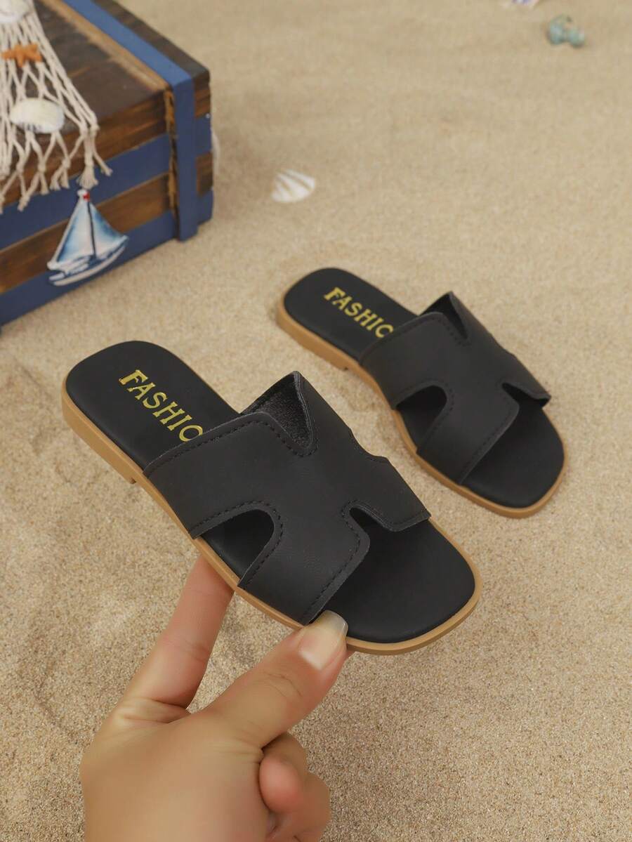 1双真皮幼儿/小女孩平底凉鞋，简约可调节绑带圆头时尚优雅可爱罗马凉鞋，适合6-17岁女孩日常休闲度假沙滩穿着，2026春夏款 - 黑色 - 查看 1