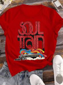 Women's Retro Soul Train Pattern T-Shirt - Black 70s Disco Party Shirt With Blue And Red Accents - Soft Crew Neck Casual Top - 紅色 - 查看 2