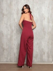 Striped Halter Neck Long Jumpsuit With Pockets - Elegant Style For Special Occasions - Burdeos - Ver 5