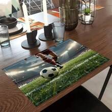 4pcs Square Football Theme Placemats, Combining Football Pattern And Football Field. Size: 30*45cm, Suitable For Dining Table And Indoor Decor. This Washable Placemat Set Makes A Great Gift. - Multicolor - View 2