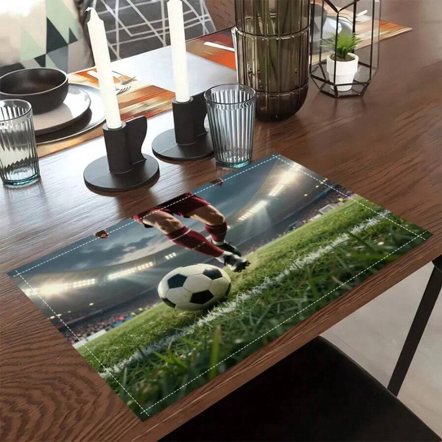 4pcs Square Football Theme Placemats, Combining Football Pattern And Football Field. Size: 30*45cm, Suitable For Dining Table And Indoor Decor. This Washable Placemat Set Makes A Great Gift.