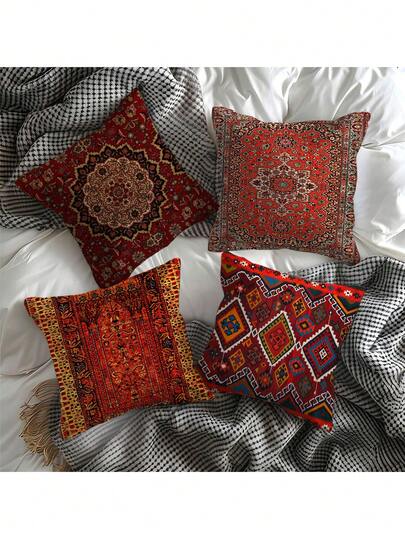 4件套复古波斯地毯图案抱枕套 - 家居装饰，隐形拉链 - 耐用材质 - 单面印花 - 适用于沙发、客厅、民宿、卧室、办公室等场所。装饰抱枕套（不含枕芯）