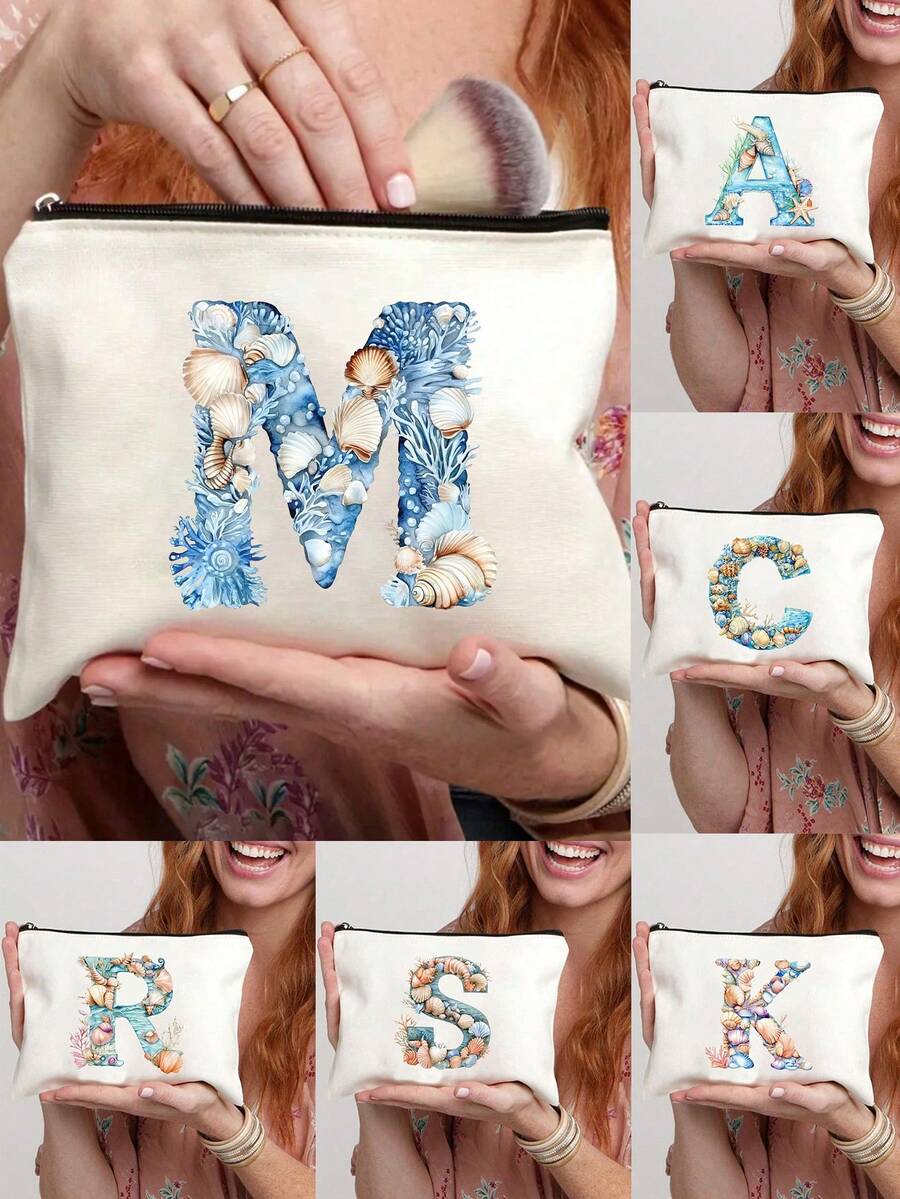 Bolsa de maquillaje impresa con diseño de estrella de mar, concha y elementos oceánicos, con letras del alfabeto A-Z. Bolsa de almacenamiento con estampado de letras de moda, bolsa de cosméticos para almacenamiento de artículos pequeños, bolsa de almacenamiento, bolsa de maquillaje, bolsa de aseo, bolsa de almacenamiento plegable ligera, bolsa de embrague como regalo para maestros, almacenamiento para enfermeras, médicos, maestros, adecuada para el almacenamiento de cosméticos de viaje personal, esencial para vacaciones en la playa, campamento, vacaciones, regalo del Día de la Madre - Multicolor - Ver 1