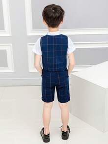 3 Peças Conjunto Infantil Xadrez, Camisa de Menino, Shorts, Terno Formal, Uniforme Escolar Primavera/Verão - Azul Marinho - Visão 3