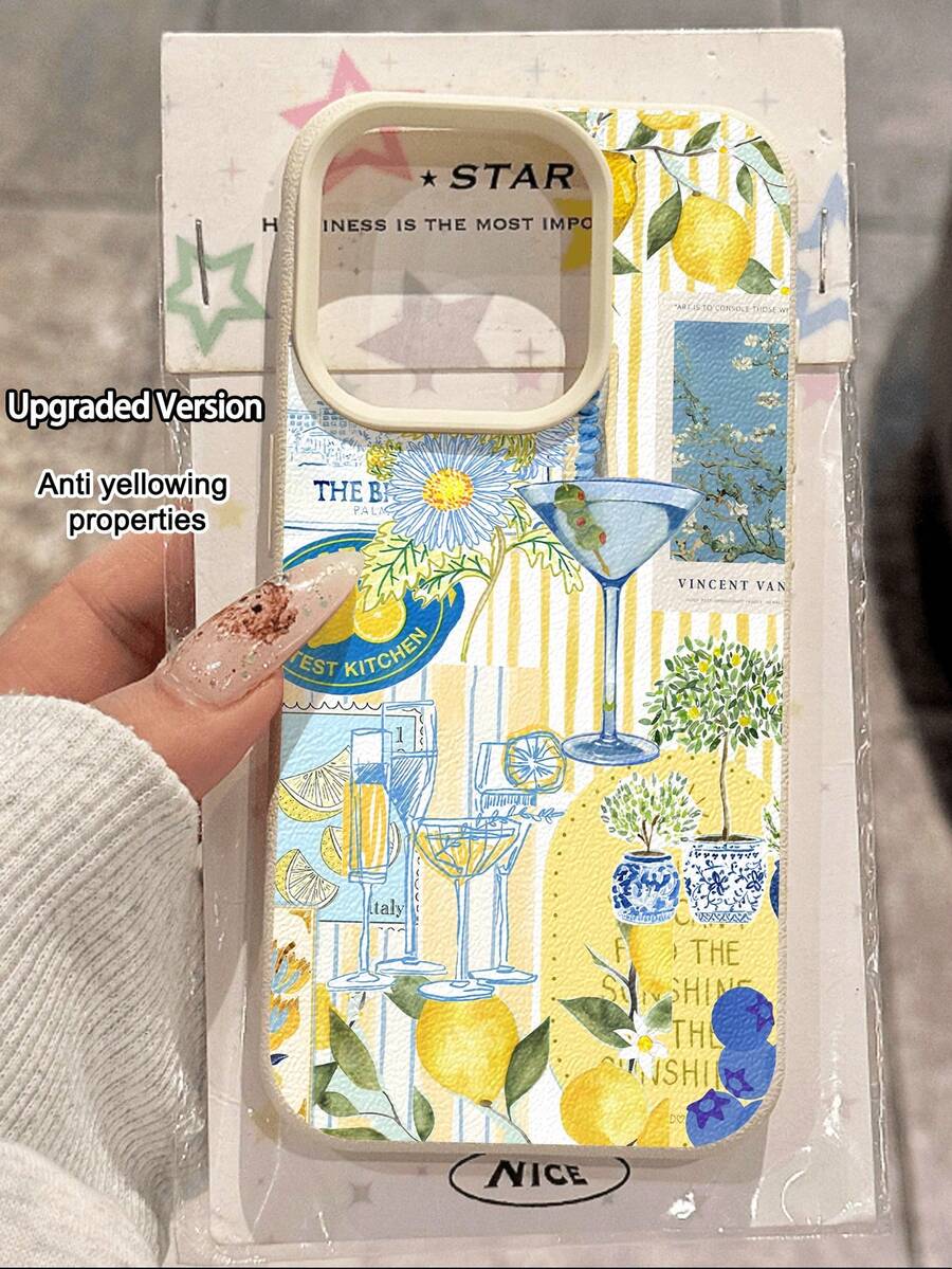 1pc Fashionable Lemon Element Striped Wine Glass Pattern Litchi Texture Anti-Drop Anti-Slip Soft Phone Case Compatible With Apple, Phones,International Version, Not The Domestic Version - Multicolor - View 1