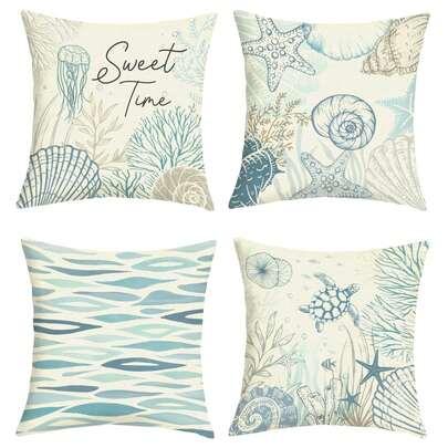 4件套彩色海洋主题靠垫套，沙发海马航海方向盘图案，现代方形枕套，适用于卧室、客厅、户外沙发，单面设计，不含枕芯
