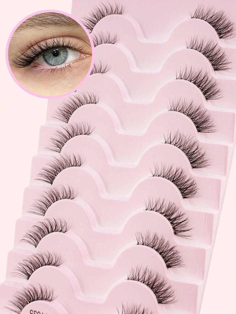 10 Pairs Natural-Looking Crossed False Eyelashes, 3D Faux Mink Delicate Curly Transparent Stem Lashes, Suitable For Date, Work Makeup - Black - View 1