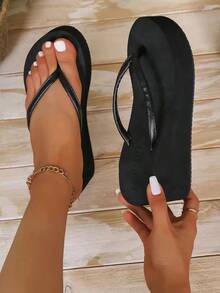 Women's Casual Sandals With Thin Straps, Tpr Sole, Soft Upper, Wedge Heel And Thick Bottom, Black, Suitable For Holiday And Summer - 黑色 - 查看 1
