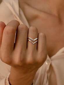 1 pieza Anillo ajustable en forma de V de doble capa, simple, único y elegante de lujo. Este anillo de mujer está hecho de acero inoxidable 304, adecuado para uso diario, vacaciones, fiestas y otras ocasiones - Multicolor - Ver 2