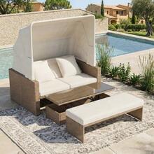 Poly Rattan Garden Furniture For 2 To 4 People, Garden Sofa, Lounge Sofa, Adjustable Coffee Table, Removable Awning, PE Rattan And Foam, Khaki - Apricot - View 2