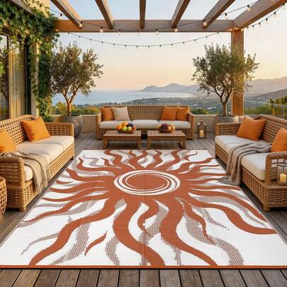 Studyset Sun Pattern Outdoor Rug, 9x12 Waterproof Reversible Plastic Straw Outdoor Patio Rug, Quick Dry Easy Clean Outdoor Area Rug Carpet For Camping, Picnic, Balcony, Porch, RV