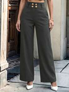 Perirose Women's Dark Gray High Waist Wide Leg Pants, Double Gold Button Tailored Straight Trousers, Fall Winter Office Chic Business Casual Going Out Outfit - Grey - View 1