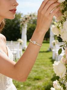 Shescity 1pc Elegant White Cubic Zirconia Inlaid Bracelet, Suitable For Women's Wedding And Banquet Wear - Yellow Gold - View 2