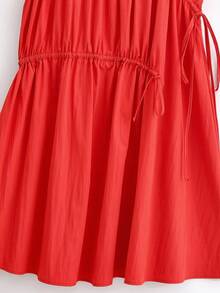 ZAHM 2026夏季红色无袖连衣裙，休闲宽松褶皱抽绳沙滩裙，优雅度假长吊带裙 - 紅色 - 查看 10