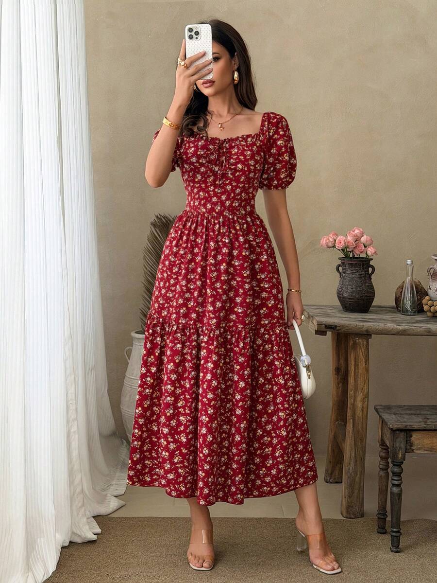 夏季时尚优雅酒红色方领泡泡袖A字中长连衣裙 - 紅色 - 查看 1