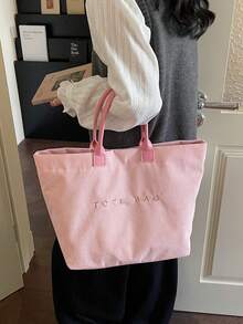新款大容量字母图案装饰灯芯绒手提包，多功能通勤女士双提手托特包，适合工作通勤、购物、海滩度假和海边旅行，沙滩包，假日包 - 粉色 - 查看 7