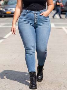 Pantalones pitillo de tela vaquera lavada con elástico y botón delantero, talla grande, primavera - Azul - Ver 7