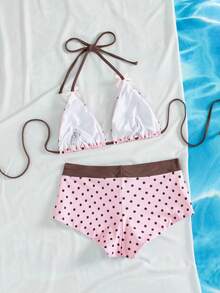 Women's Swimwear; Sexy & Fashionable; Pink 2-Piece Swimwear; Summer Beach; Bikini Set; Plaid Print; Bow Decor; Sexy Women's Swimwear, Fashionable Swimwear Suitable For Swimming Pool Party Holiday; Women's Swimwear, Women's Swimwear, Bikini Vacation - Pink Coffee Color - View 3