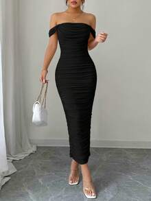 PRETTYGARDEN Women's Summer Dresses Off The Shoulder Dress Ruched Bodycon Sleeveless  Evening Elegant Dresses Wedding Guest Graduation  Cocktail Club Party Black Maxi Dresses - 黑色 - 查看 4