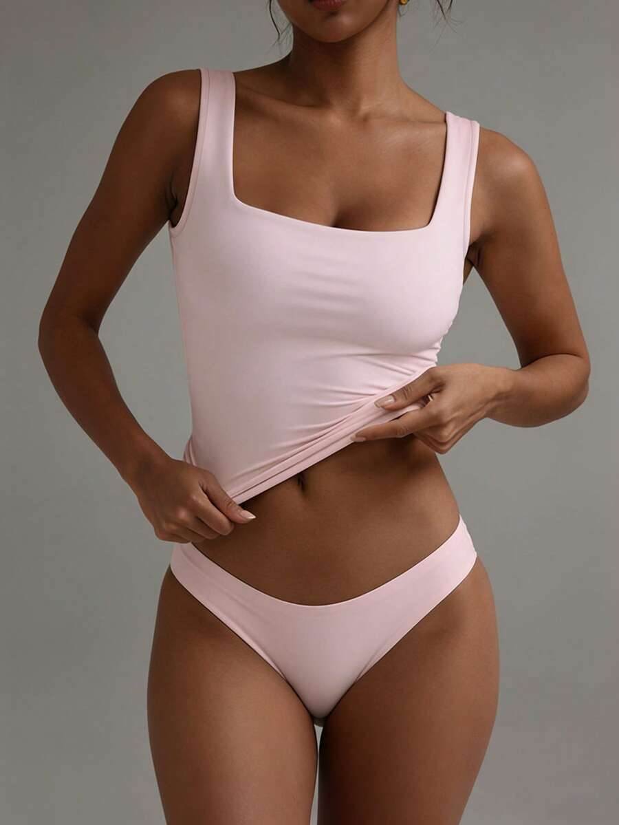 XLLAIS 女士纯色方领无袖背心，休闲版型，粉色上衣，适合情人节夏季穿着 - 粉色 - 查看 1