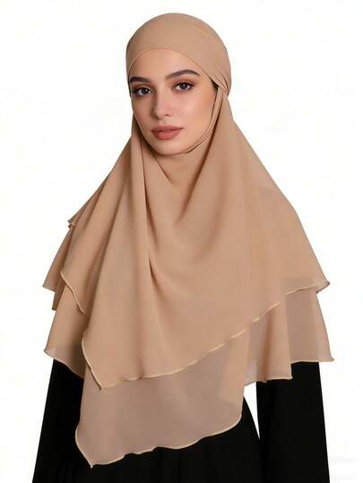 1 pieza Pañuelo de doble capa de gasa con perlas, chal de moda para mujer, protección solar cómoda para la cabeza, primavera/verano