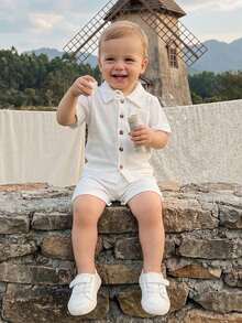 2Pcs Baby Boy Summer Outfits Short Sleeve Pocket Button Down Shirt + Shorts Set Toddler Clothes - 白色 - 查看 3
