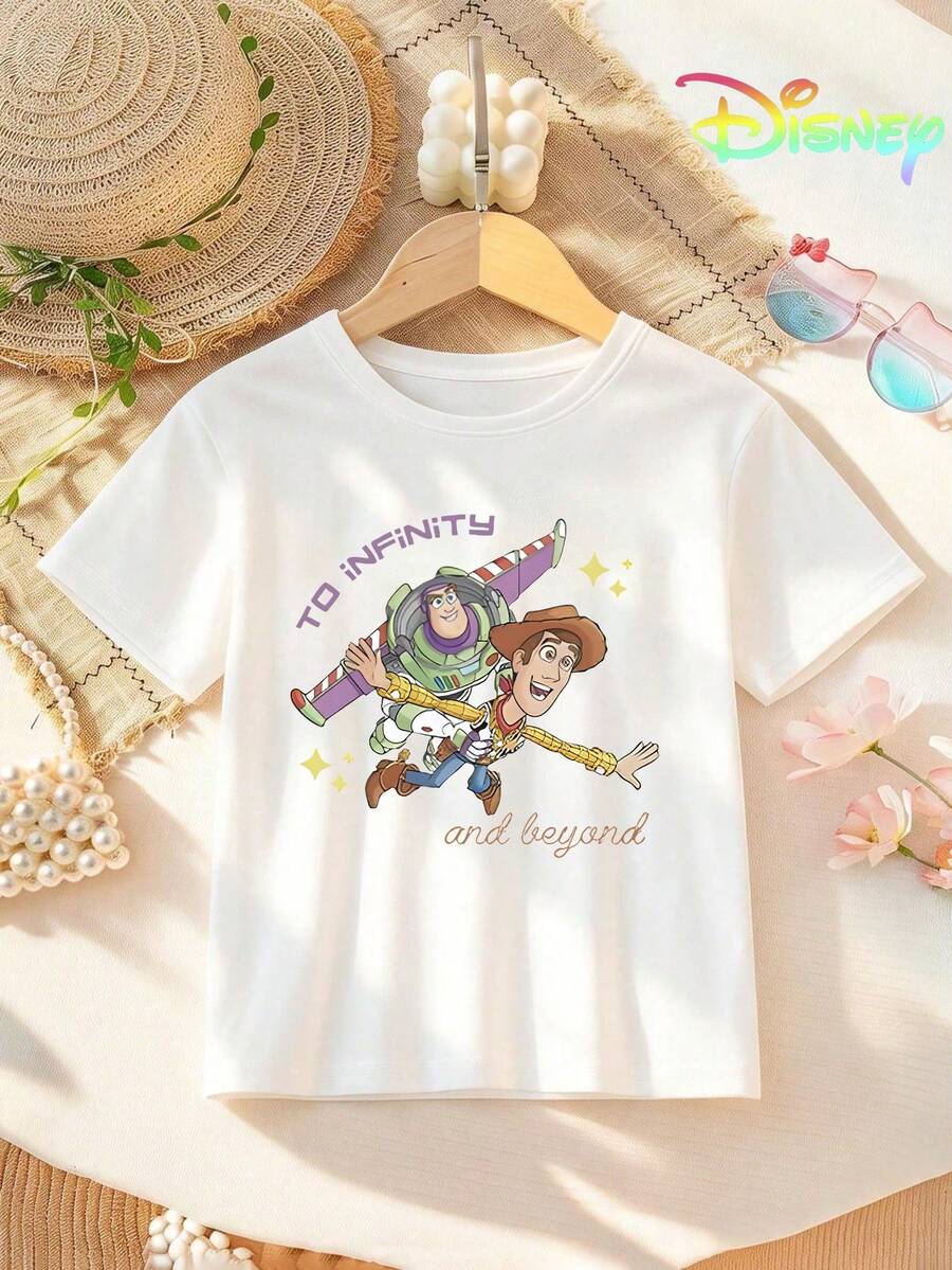 Disney Toy Story Buzz Lightyear & Woody Kids T-Shirt For Boys & Girls 2-14 Years, Breathable Lightweight Fabric, "To Infinity And Beyond" Graphic Print, Casual Summer Daily Wear, Back To School Outfit, Birthday Gift, Express Delivery - trắng - Xem 1