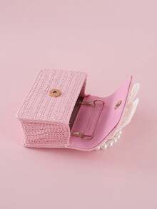 1pc Large Size Beaded Bow Decor PU Straw Material Flap Closure Casual Beaded Handbag Chain Shoulder Bag Fashion Snack & Coin Purse, Suitable For Holidays And Daily Use - Pink Straw Beaded Bow - View 5