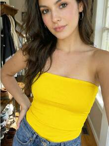 Kit Of 3 Strapless Cropped Tube Tops, Basic Lined Blouses, Blogger Style, Premium Fits Sizes 38 To 50 Plus Size - Kit3 Tube Preta Branca Amarelo Bandeira - View 3