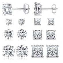 MDFUN 6 Pairs Stud Earrings Set 3mm/5mm/7mm Princess and Round Cubic Zirconia Earrings Hypoallergenic 316L Surgical Stainless Steel CZ Earrings for Women Men - Chapado en oro blanco - Ver 2