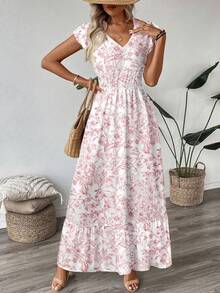 Đầm midi dáng chữ A cổ chữ V tay ngắn, thắt eo, họa tiết hoa mùa hè thanh lịch, thích hợp cho đi làm hàng ngày, công sở, đám cưới, dã ngoại, kỳ nghỉ, phong cách giản dị nhưng sang trọng khi đi biển. - Hồng - Xem 5