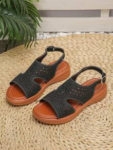 Plus Size Women's Summer New Fashion Elegant Bow Gold Strap Peep Toe Thick Sole Sandals, Comfortable Versatile Daily Wear Sandals - Black Matte Carved Floral Openwork - View 7