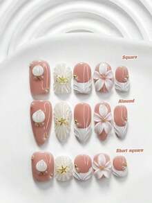 10pcs/Set Valentine's Day Handmade Nail Art Kit, Includes White Flower & Bow Decor, White & Red Gel Nails, French Polka Stickers, Heart Painting, Silver Beads Embedded, 3 Sizes Available: Almond/Square/Coffin Shape, With Set, Suitable Sweet Ladies & Girls, Valentine's Day/Party/Daily Wear Nail Supplies Handmade Press On Nails - 多色 8 - 查看 2