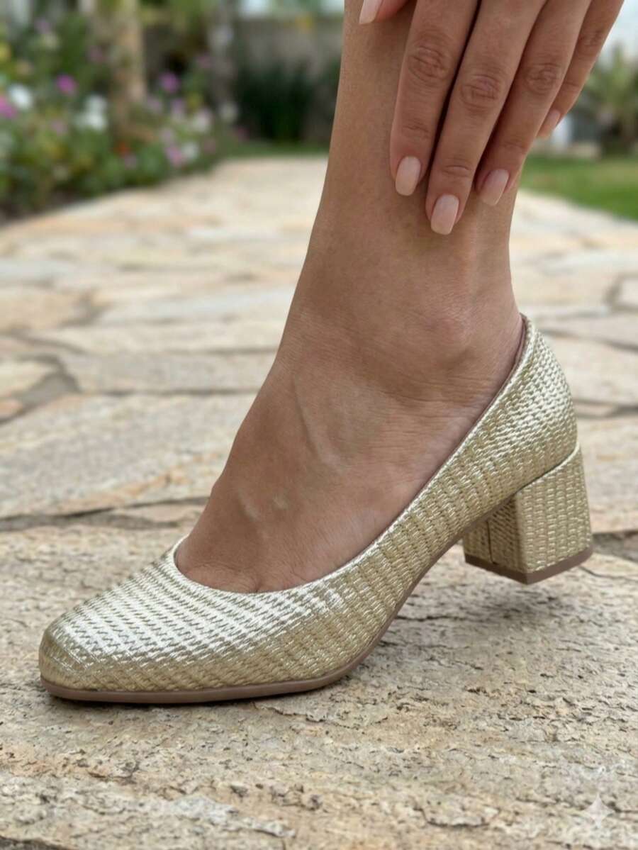 Women's Medium Block Heel Pump With Pointed Toe, Comfortable, Dressy, Casual, And Modern. - Gold - View 1