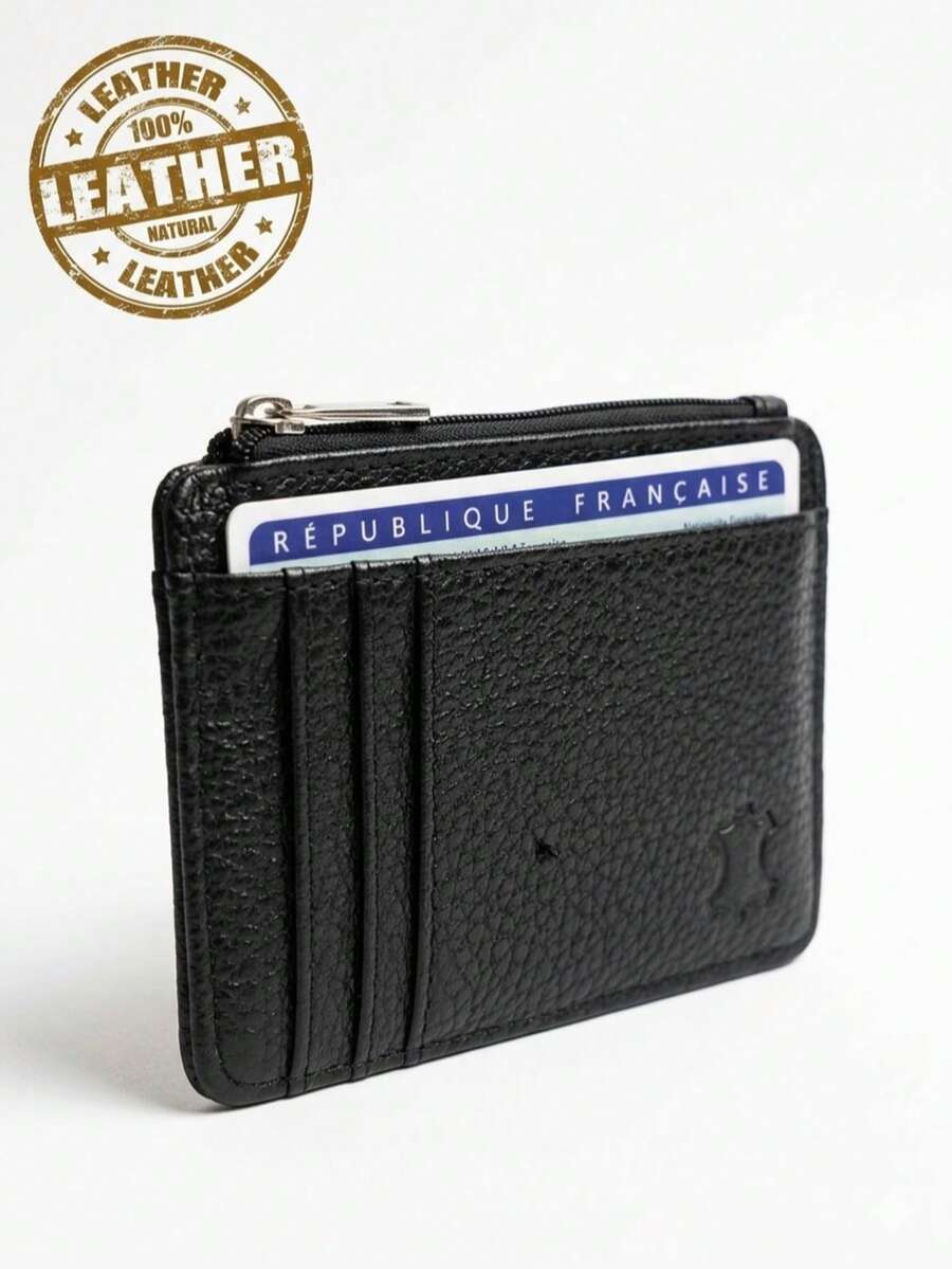 Genuine Leather Wallet, New Design With Zipper, Card Slots And Coin Compartment - Black - View 1