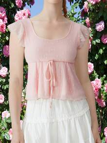 Women Y2k Floral Shirt Summer Crop Tops Frairycore Embroidery Ruffled Shirts Tie Bow Front Jacquard Slim Fit T Shirts Flying Sleeve Square-Neck Casual Going Out Tops Party Club Streetwear Aesthetic Clothes - 粉色 - 查看 2
